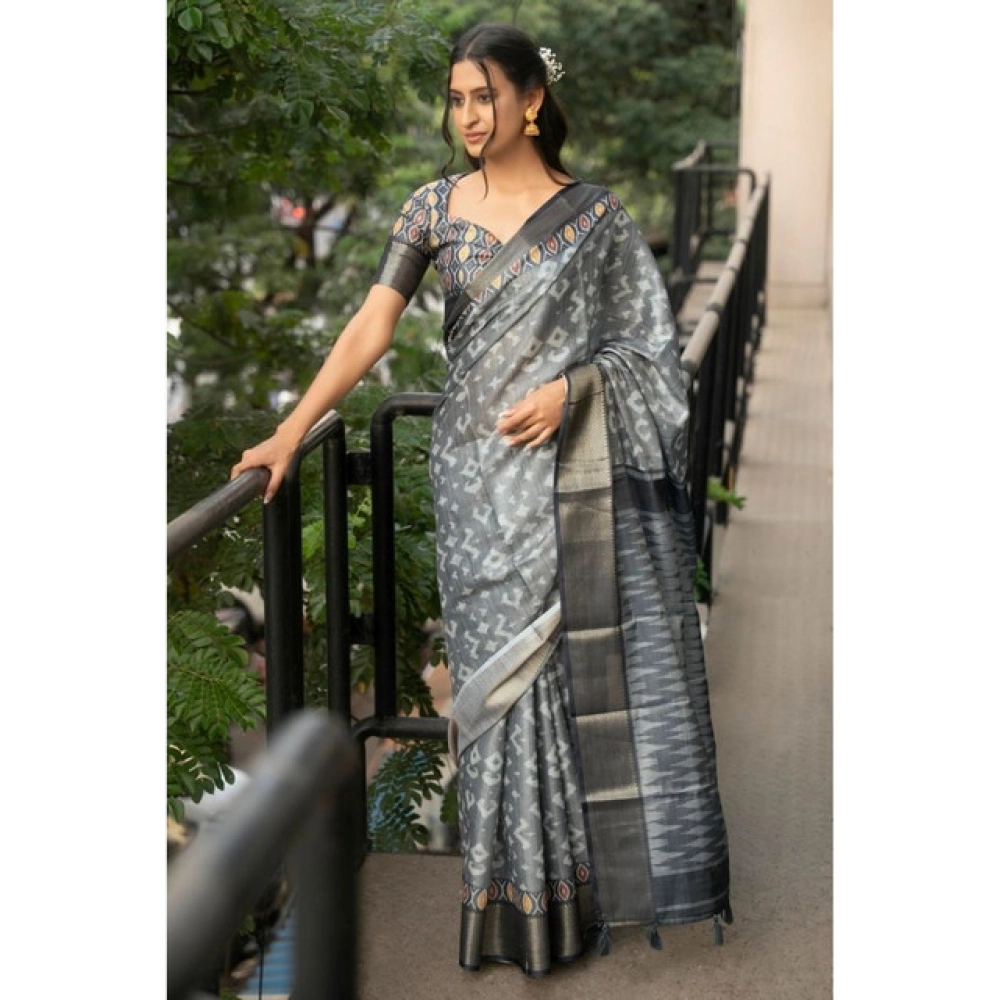 Women's Polyester Printed Saree With Unstitched Blouse 5.5 Mtr (Grey)