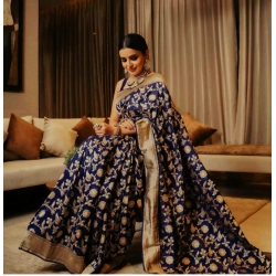 Generic Women's Soft Litchi Silk Jacquard Work Saree With Unstitched Blouse 5.5Mtr (Blue)