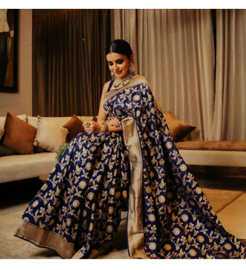 Generic Women's Soft Litchi Silk Jacquard Work Saree With Unstitched Blouse 5.5Mtr (Blue)