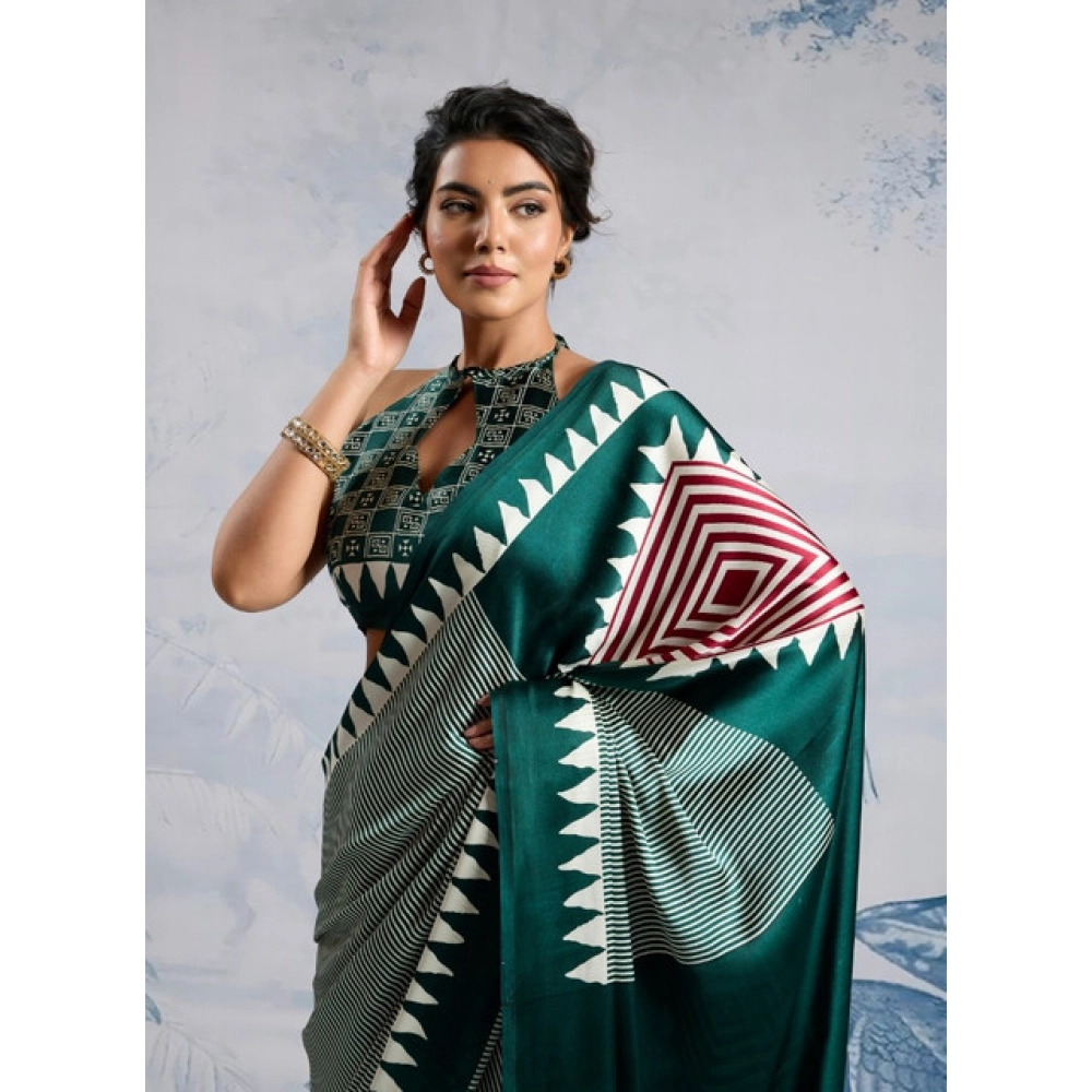Generic Women's Satin Crepe Printed Saree With Unstitched Blouse 5.5Mtr (Green)