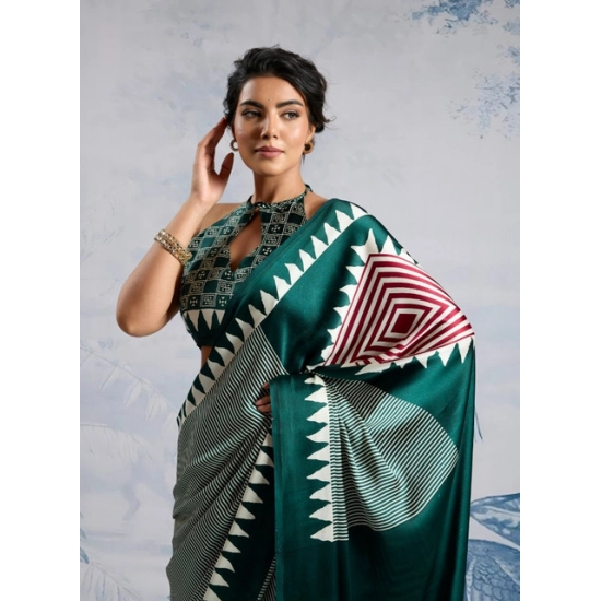 Generic Women's Satin Crepe Printed Saree With Unstitched Blouse 5.5Mtr (Green)
