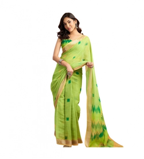 Generic Women's Linen Cotton Printed Ready To Wear Saree With Unstitched Blouse 5.5 Mtr (Lime)