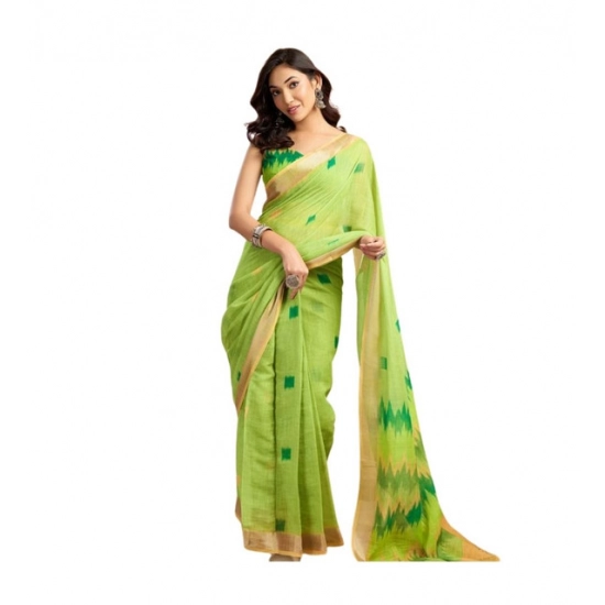 Generic Women's Linen Cotton Printed Ready To Wear Saree With Unstitched Blouse 5.5 Mtr (Lime)