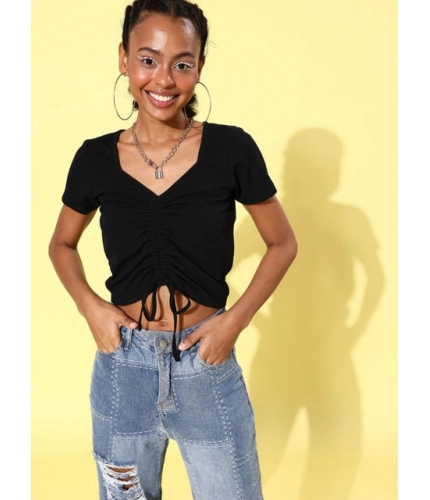 Generic Women's Polyester Lycra Solid Short Sleeve Top (Black)