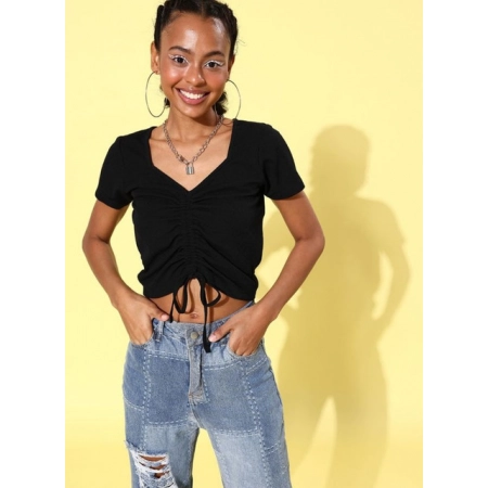 Generic Women's Polyester Lycra Solid Short Sleeve Top (Black) Generic Women's Polyester Lycra Solid Short Sleeve Top (Black)