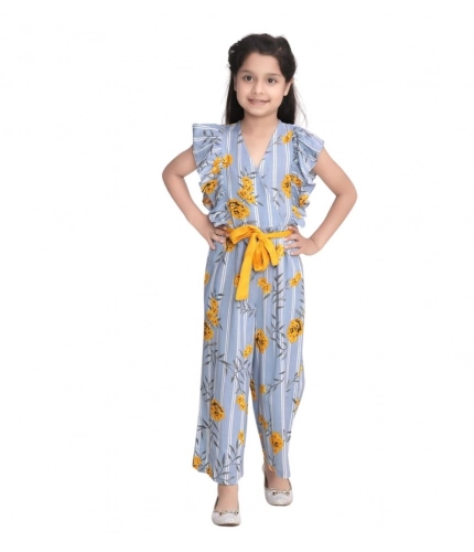 Generic Girl's Rayon Floral Flutter Jumpsuit (Blue-Yellow)
