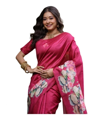 Generic Women's Faux_Tussar Floral Saree With Unstitched Blouse 5.5Mtr (Pink)