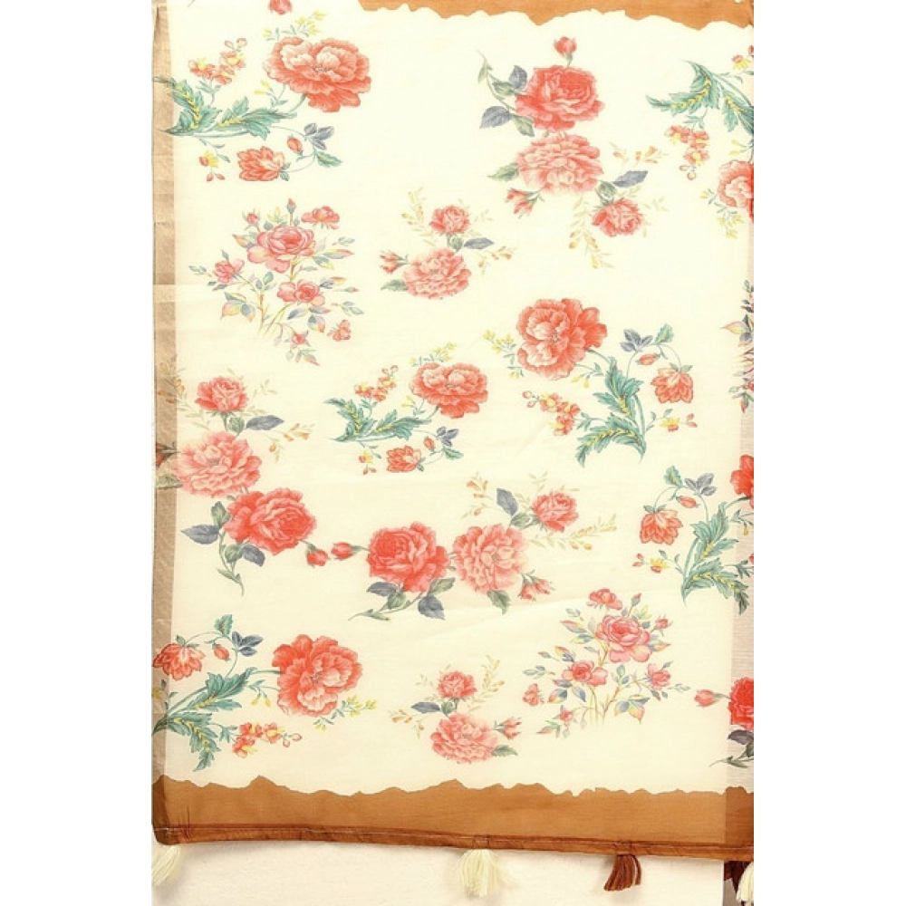 Women's Cotton Silk Floral Printed Saree With Unstitched Blouse 5.5Mtr (Brown)
