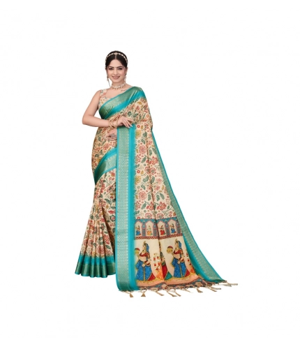 Generic Women's Cotton Silk  Printed Saree With Unstitched Blouse 5.5Mtr (Sky Blue)