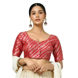 Generic Women's Jacquard Zari Round Neck Padded Blouse (Red 38 Ready (Self Alterable 36–40)