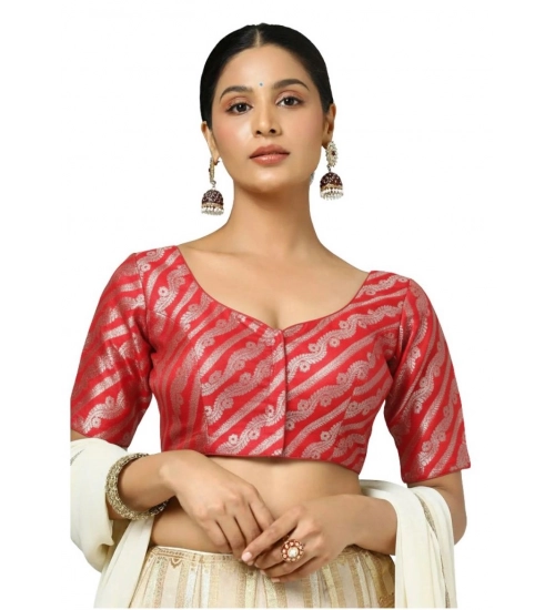 Generic Women's Jacquard Zari Round Neck Padded Blouse (Red 38 Ready (Self Alterable 36–40)