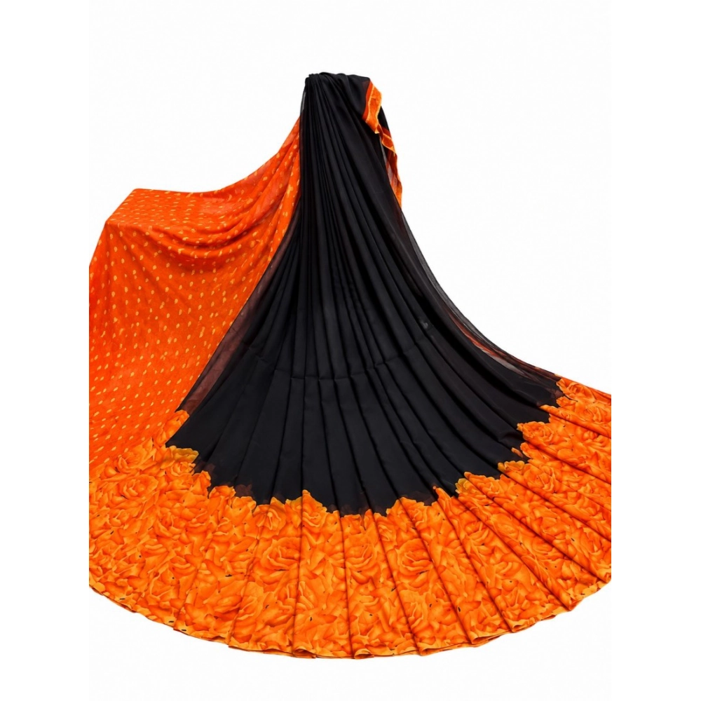 Generic Women's Georgette Printed Saree With Unstitched Blouse 5.5Mtr (Black-Orange)
