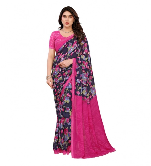 Generic Women's Georgette Printed Saree With Unstitched Blouse 5.5Mtr (Blue)