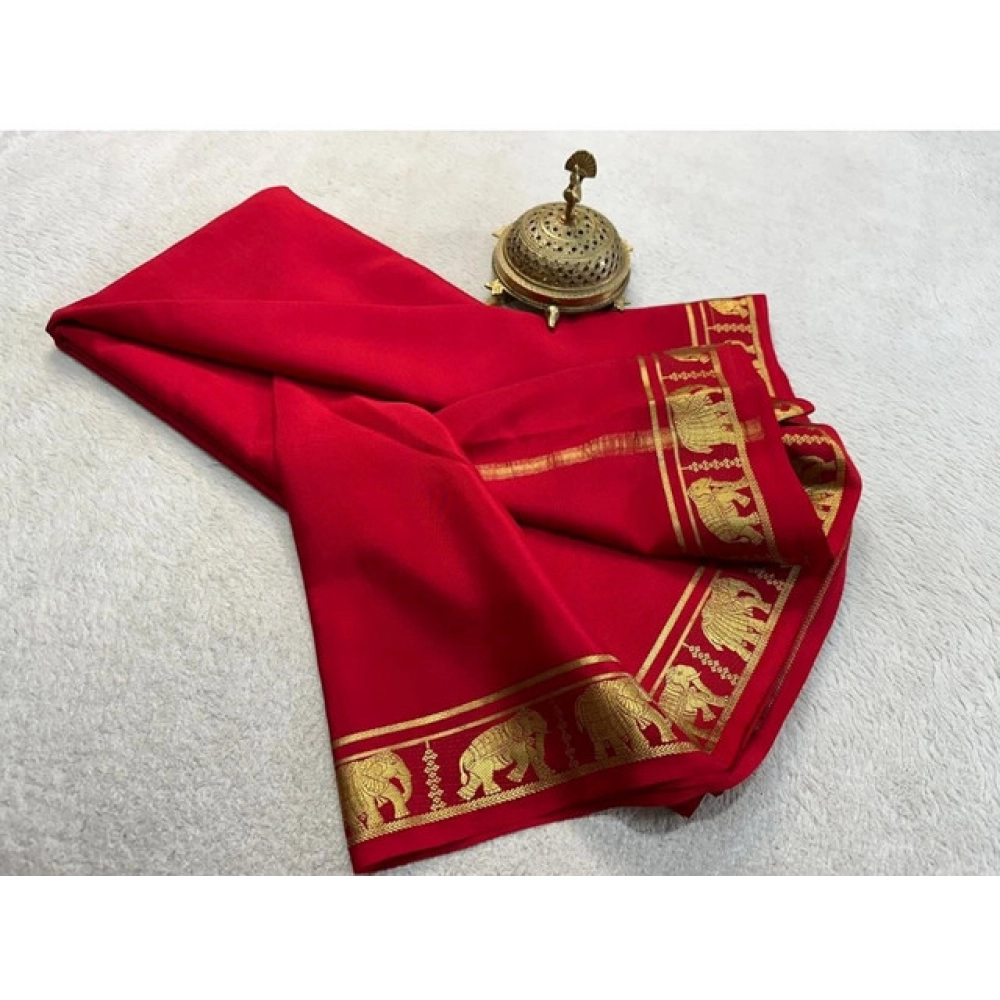 Generic Women's Crepe Chit Pallu Solid Saree With Unstitched Blouse 5.5Mtr (Red)