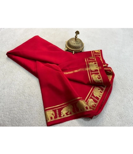 Generic Women's Crepe Chit Pallu Solid Saree With Unstitched Blouse 5.5Mtr (Red)