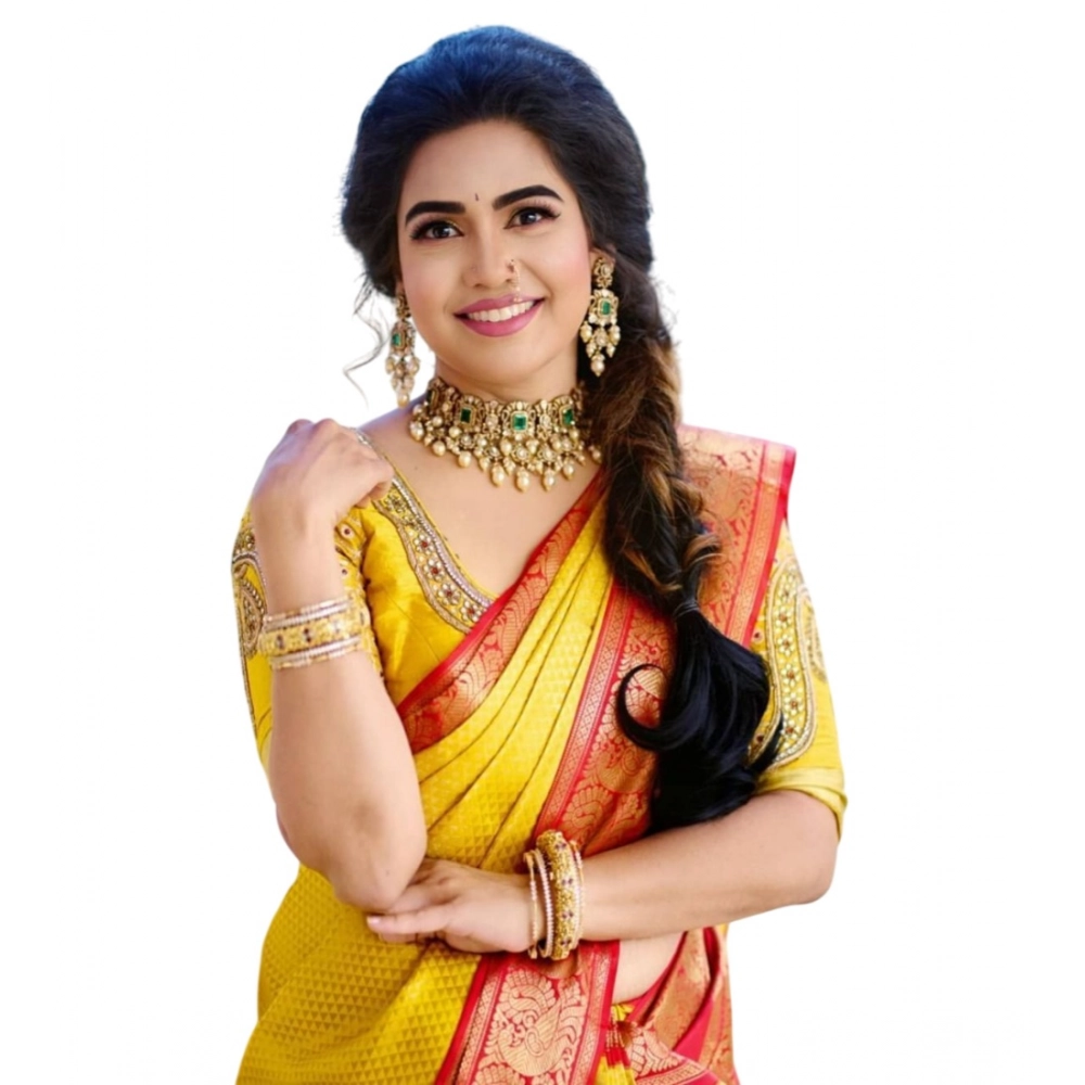 Generic Women's Soft Litchi Silk Jacquard Work Saree With Unstitched Blouse 5.5Mtr (Yellow) Generic Women's Soft Litchi Silk Jacquard Work Saree With Unstitched Blouse 5.5Mtr (Yellow)