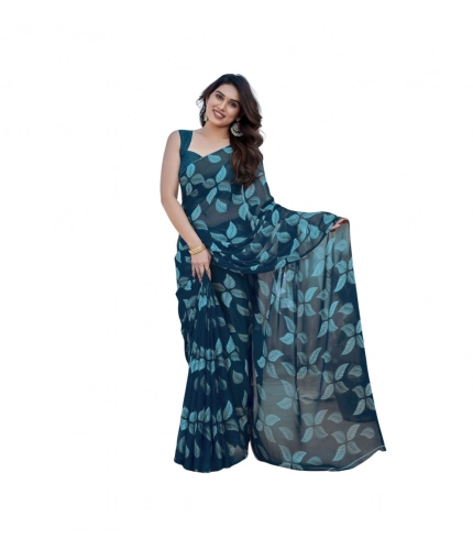 Generic Women's Chiffon Printed Saree With Unstitched Blouse 5.5Mtr (Blue)