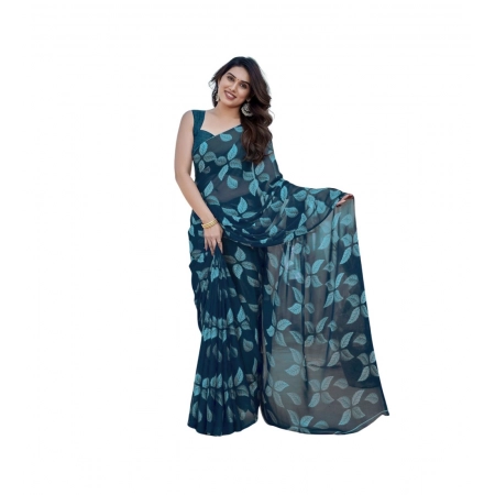 Generic Women's Chiffon Printed Saree With Unstitched Blouse 5.5Mtr (Blue)
