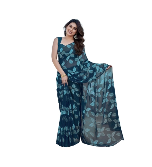 Generic Women's Chiffon Printed Saree With Unstitched Blouse 5.5Mtr (Blue)