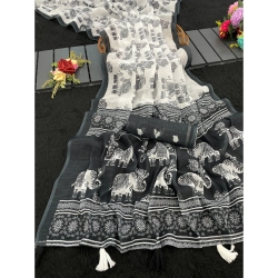 Generic Women's Linen Cotton Printed Saree With Unstitched Blouse 5.5Mtr (Black)