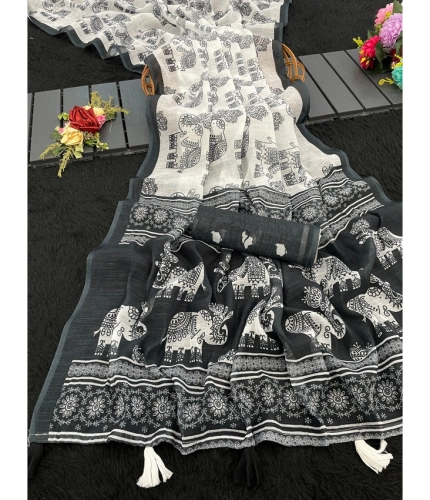 Generic Women's Linen Cotton Printed Saree With Unstitched Blouse 5.5Mtr (Black)