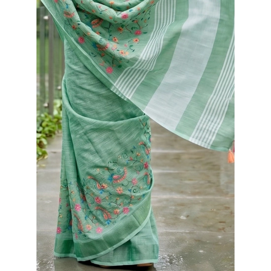 Generic Women's Linen Floral Embroidered Saree With Unstitched Blouse 5.5Mtr (Sea Green) Generic Women's Linen Floral Embroidered Saree With Unstitched Blouse 5.5Mtr (Sea Green)