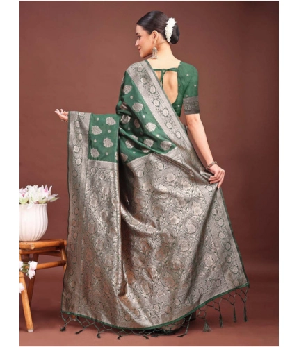 Generic Women's Banarasi Silk Printed Saree With Unstitched Blouse 5.5Mtr (Dark Green)