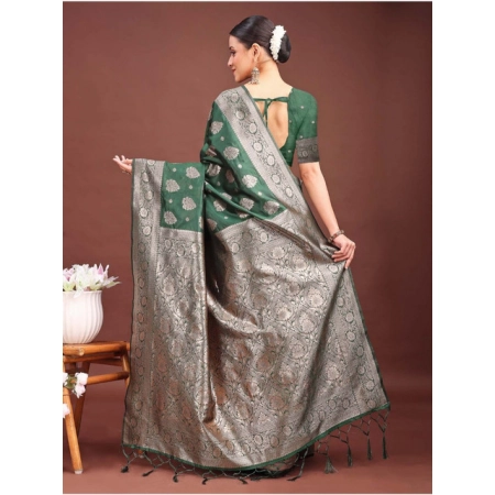 Generic Women's Banarasi Silk Printed Saree With Unstitched Blouse 5.5Mtr (Dark Green)