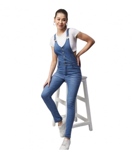Generic Women's Denim Lycra Solid Buttoned Dungaree (Ice Blue)