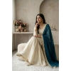 Generic Women's Silk Embroidered 3/4th Sleeve V-Neck Kurti With Sharara Pant and Dupatta Set (Cream & Teal) Generic Women's Silk Embroidered 3/4th Sleeve V-Neck Kurti With Sharara Pant and Dupatta Set (Cream & Teal)