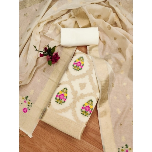 Women's Banarasi Silk Printed Unstitched Salwar Suit Material With Dupatta (White, 3Mtrs) Women's Banarasi Silk Printed Unstitched Salwar Suit Material With Dupatta (White, 3Mtrs)