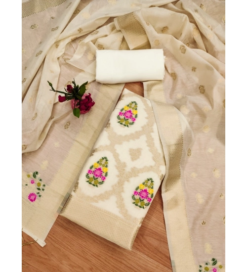 Generic Women's Banarasi Silk Printed Unstitched Salwar Suit Material With Dupatta (White, 3Mtrs)