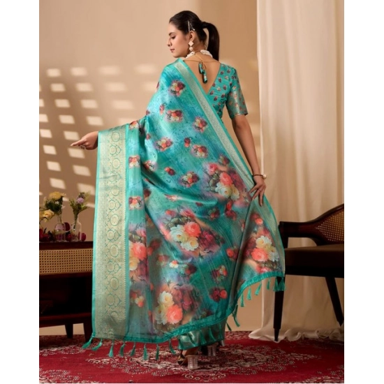 Generic Women's Faux_Silk Printed Saree With Unstitched Blouse 5.5Mtr (Aqua_Blue)