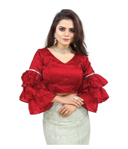 Generic Women's Organza Solid V Neck Layered Ruffle Sleeve Readymade Blouse (Red Free Size , up to 38–40 Bust)-PID65858