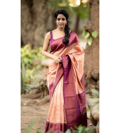 Generic Women's Litchi silk Printed Saree With Unstitched Blouse (Beige)