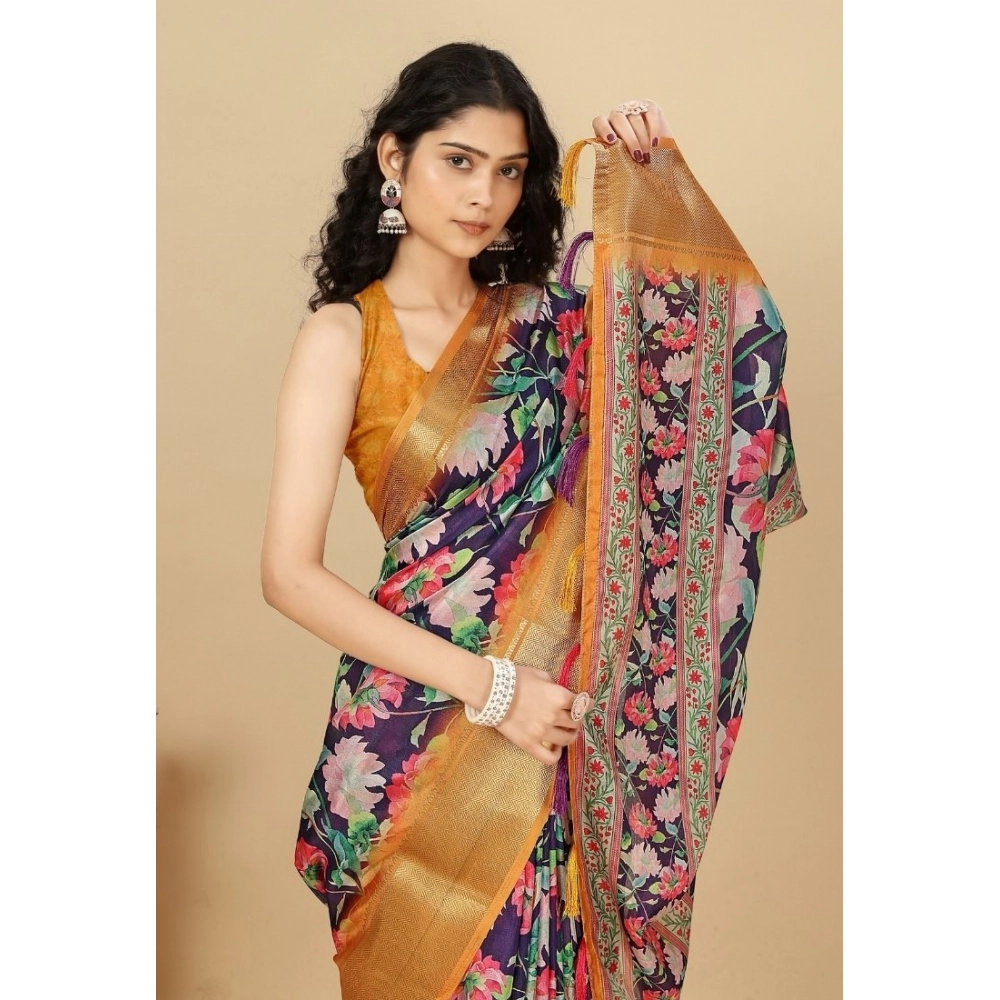 Women’s Cotton Silk Floral Printed Saree With Unstitched Blouse 5.5Mtr (Purple)