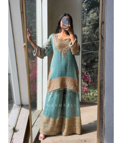 Generic Women's Silk Embroidered 3/4th Sleeve Round Kurti With Sharara Pant and Dupatta Set (Sea Green)