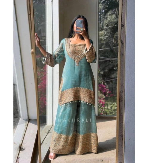 Generic Women's Silk Embroidered 3/4th Sleeve Round Kurti With Sharara Pant and Dupatta Set (Sea Green) Generic Women's Silk Embroidered 3/4th Sleeve Round Kurti With Sharara Pant and Dupatta Set (Sea Green)