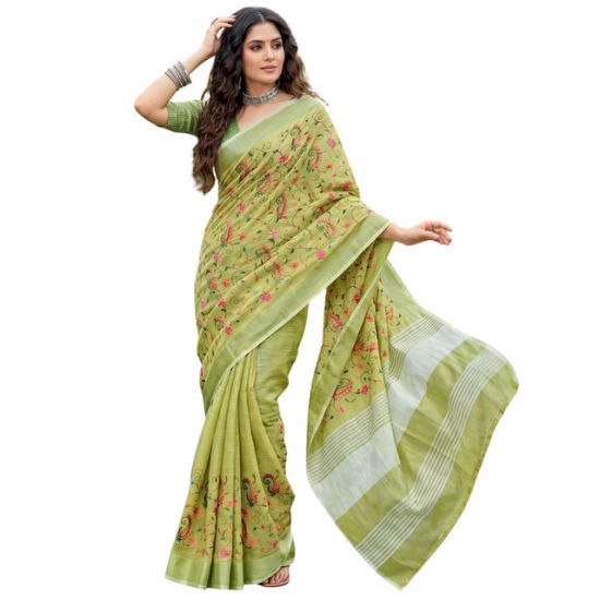 Generic Women's Linen Floral Embroidered Saree With Unstitched Blouse 5.5Mtr (Light Green) Generic Women's Linen Floral Embroidered Saree With Unstitched Blouse 5.5Mtr (Light Green)