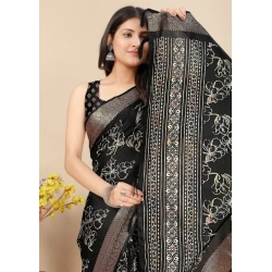 Generic Women's Cotton Silk Floral Printed Saree With Unstitched Blouse 5.5Mtr (Black)