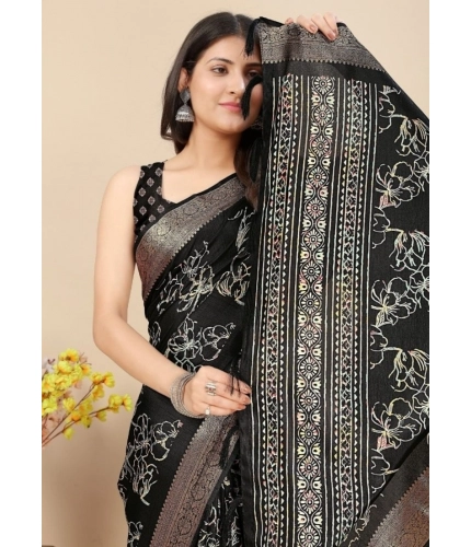 Generic Women's Cotton Silk Floral Printed Saree With Unstitched Blouse 5.5Mtr (Black)