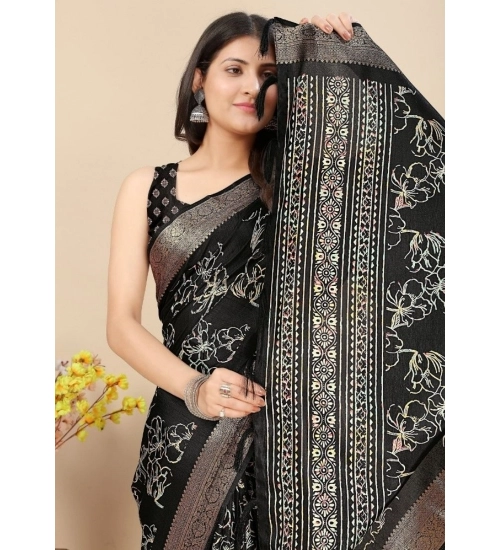 Generic Women's Cotton Silk Floral Printed Saree With Unstitched Blouse 5.5Mtr (Black)