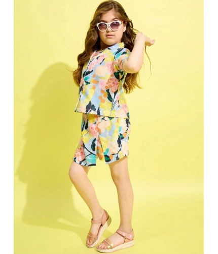 Generic Girl's Polyester Cotton Blend Pattern-Floral Short Sleeves Skorts Set (Blue-Multicolor)