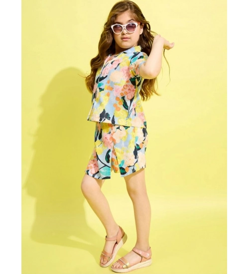 Generic Girl's Polyester Cotton Blend Pattern-Floral Short Sleeves Skorts Set (Blue-Multicolor)