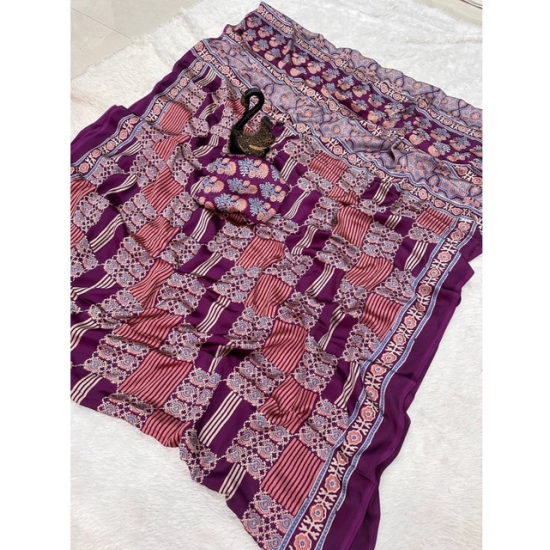 Generic Women's Gajji Soft Silk Printed Saree With Unstitched Blouse 5.5Mtr (Purple)