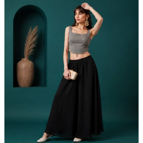 Generic Women's Georgette Solid Mid-Rise Wide Leg Flared Palazzo Pants with Elastic Waist (Black) Generic Women's Georgette Solid Mid-Rise Wide Leg Flared Palazzo Pants with Elastic Waist (Black)