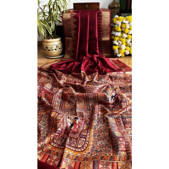 Generic Women's Tussar Silk Madhubani Saree With Unstitched Blouse 5.5Mtr (Maroon)