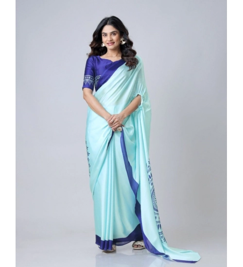 Generic Women's Soft Crepe Silk Printed Ready To Wear Saree With Unstitched Blouse 5.5Mtr (Turquoise)