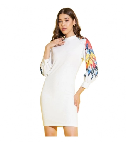 Generic Women's Polyester Lycra Printed Long Sleeve Dress (Multicolor)
