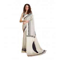Generic Women's Satin Crepe Printed Saree With Unstitched Blouse 5.5Mtr (White)
